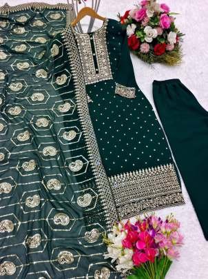 New Fancy Green Georgette Embroidery Work  Kurti Pant Set