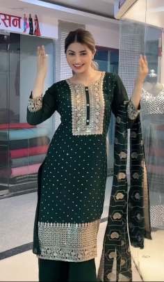 New Fancy Green Georgette Embroidery Work  Kurti Pant Set