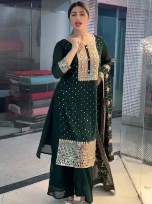 New Fancy Green Georgette Embroidery Work  Kurti Pant Set