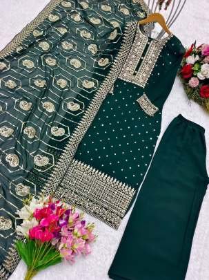 New Fancy Green Georgette Embroidery Work  Kurti Pant Set