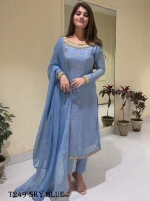 New Fancy Wear Sky Blue Georrgte Kurti Pant Set
