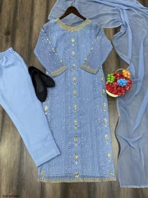 New Fancy Wear Sky Blue Georrgte Kurti Pant Set