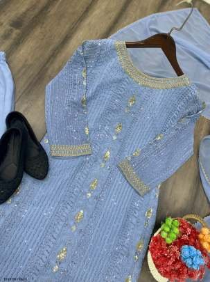 New Fancy Wear Sky Blue Georrgte Kurti Pant Set