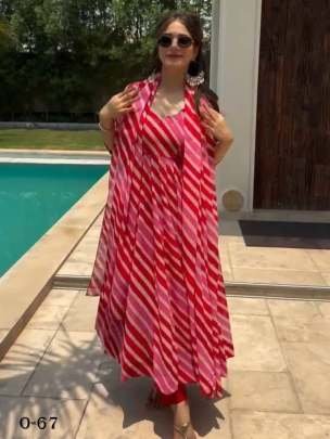 New Fox Georgette Anarkali Red Leheriya suit