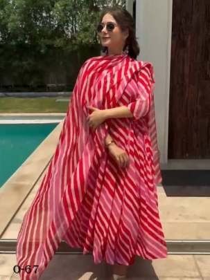 New Fox Georgette Anarkali Red Leheriya suit
