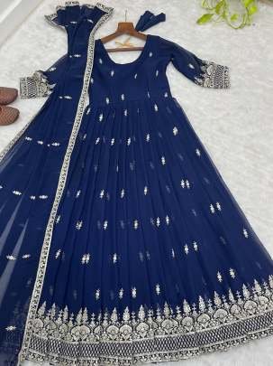 New Fox Georgette Embroidered Navy Blue Anarkali Gown