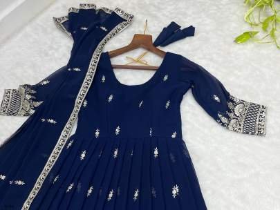 New Fox Georgette Embroidered Navy Blue Anarkali Gown