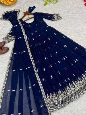 New Fox Georgette Embroidered Navy Blue Anarkali Gown