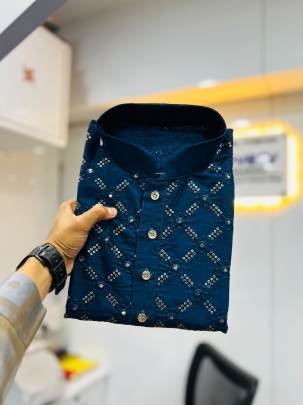 New Golden Mirror Cotton Navy Blue Kurta And Pyjama