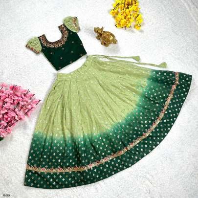 Green Viscose Golden Butta Stitched Embroidery Lehenga For Kids
