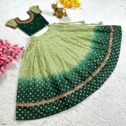Green Viscose Golden Butta Stitched Embroidery Lehenga For Kids