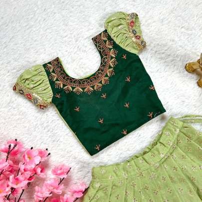 Green Viscose Golden Butta Stitched Embroidery Lehenga For Kids