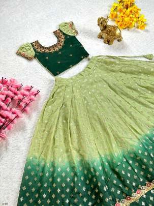 Green Viscose Golden Butta Stitched Embroidery Lehenga For Kids
