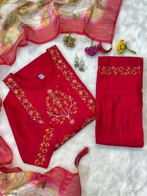 New Hand Work Red Kurti Pant With Dupatta