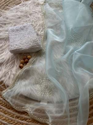 New Handwork Sky Blue Organza Saree With Blouse