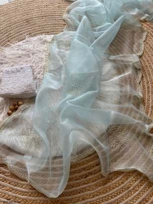 New Handwork Sky Blue Organza Saree With Blouse