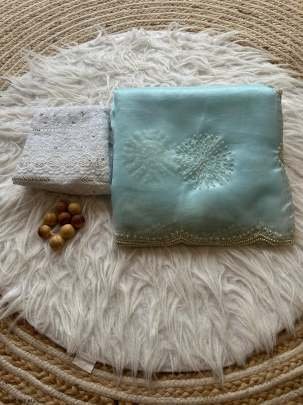 New Handwork Sky Blue Organza Saree With Blouse