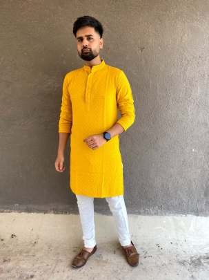 New Heavy Rayon Chikan Work Yellow Kurta Pyjama