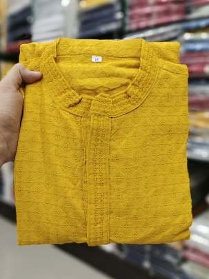 New Heavy Rayon Chikan Work Yellow Kurta Pyjama