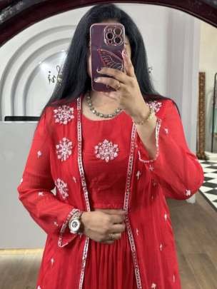 New Launch Chinnon Silk Red Indo Western Dresses