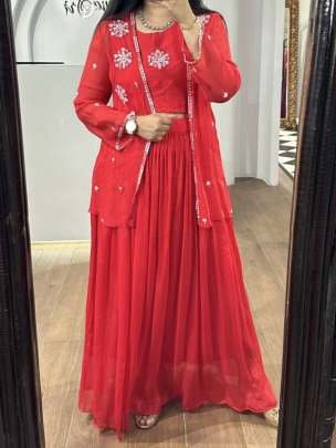 New Launch Chinnon Silk Red Indo Western Dresses