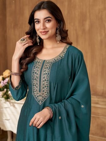 New Launch Vichitra Silk Anarkali Embroidered Suit  By Fab Funda