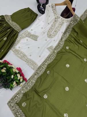 New Launching Party Wear Heavy Embroidery Work Chinon Sharara Suits