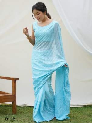 New Launching Superb Soft Refined Georgette Blue Silk Saree With Lucknowi Work