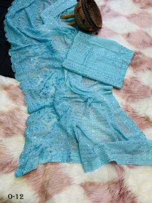 New Launching Superb Soft Refined Georgette Blue Silk Saree With Lucknowi Work