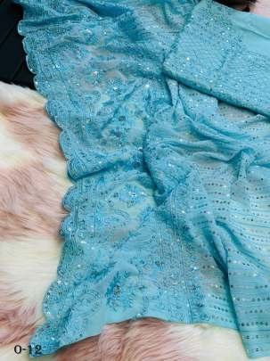 New Launching Superb Soft Refined Georgette Blue Silk Saree With Lucknowi Work