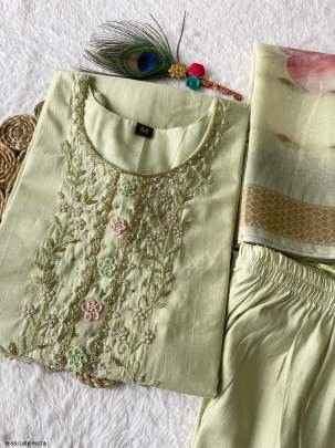 New Light Pista Roman Silk Kurti Pant Set With Dupatta