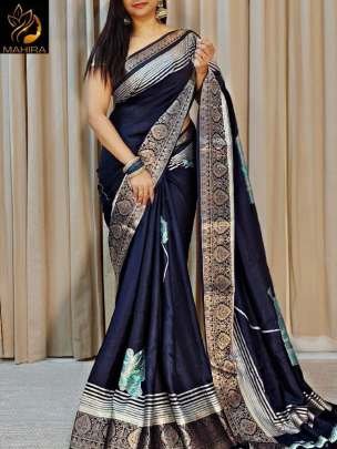 New Light Weight Pure Dola Silk Navy Blue Saree For Women