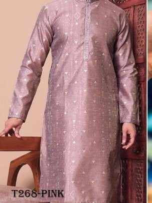 New Mens Wear Pink Jacquard Silk Kurta Pajama