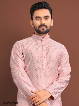 New Mens Wear Pink Jacquard Silk Kurta Pajama
