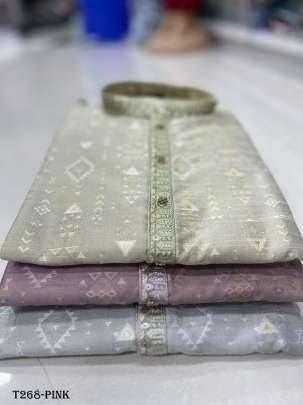 New Mens Wear Pink Jacquard Silk Kurta Pajama