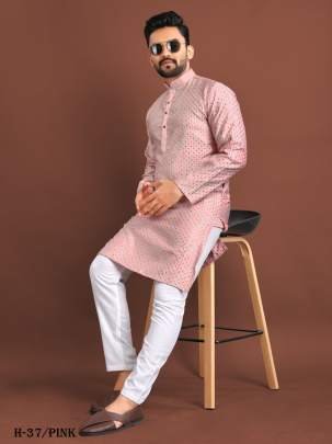 New Mens Wear Pink Jacquard Silk Kurta Pajama