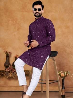 New Mirror Work Cotton Wine Men Kurta Pyjama