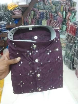 New Mirror Work Cotton Wine Men Kurta Pyjama