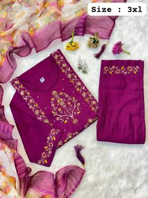 New Muslin Dark Pink Hand Work Kurti Pant Set