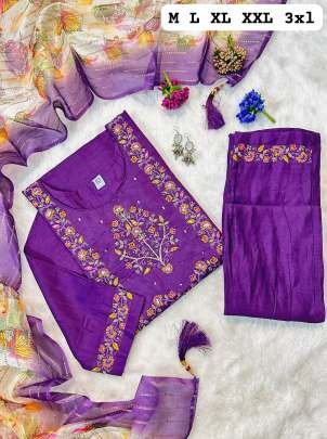 New Muslin Dark Purple Hand Work Kurti Pant Set