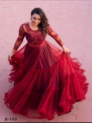 New Net Red Ruffles Gowns Dupatta With Emrodery Work