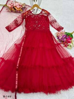 New Net Red Ruffles Gowns Dupatta With Emrodery Work