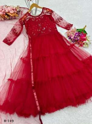 New Net Red Ruffles Gowns Dupatta With Emrodery Work