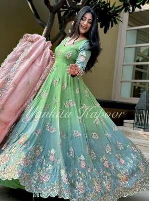 New Party Wear Mint Georgette Embroidery work Gown