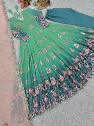 New Party Wear Mint Georgette Embroidery work Gown