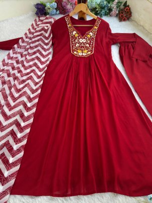 New Party Wear Pure Viscos Muslin Silk Gown Pant With Dupatta