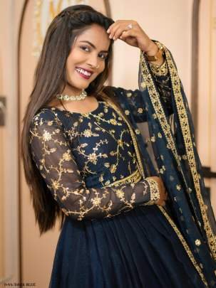 Latest Design Shimmer Silk Dark Blue Gown