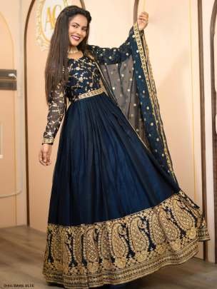 Latest Design Shimmer Silk Dark Blue Gown