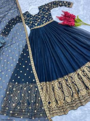 Latest Design Shimmer Silk Dark Blue Gown