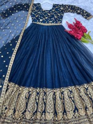 Latest Design Shimmer Silk Dark Blue Gown